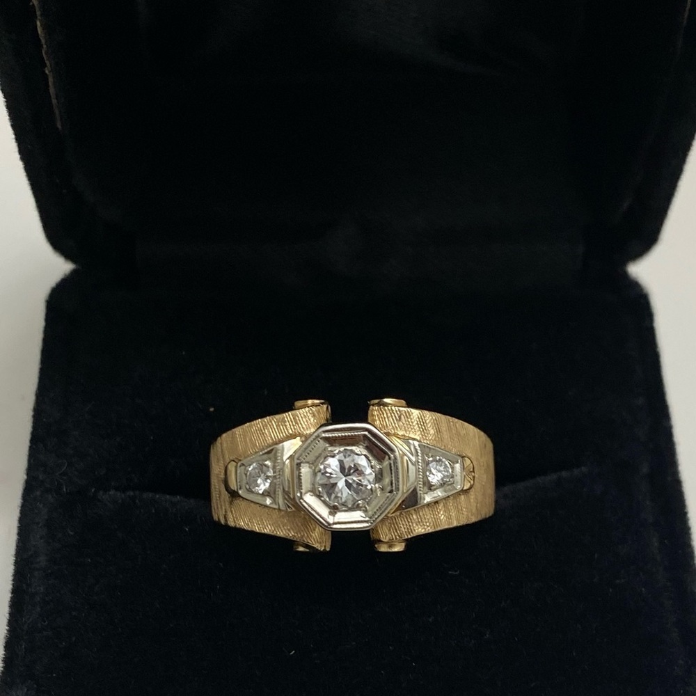 14K Y&W Gold ring set with 3 old miner Diamonds, satin& high polish finish